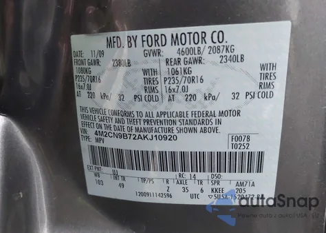 2010 Mercury Mariner z USA, uszkodzony, nr VIN 4M2CN9B72AKJ10920